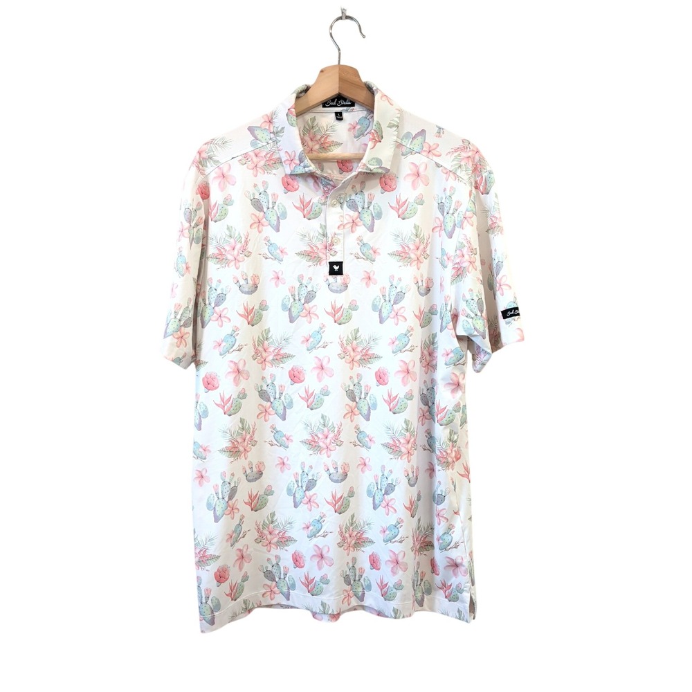 Bad Birdie Mens Cactus Floral Golf Polo Shirt Pink Large Short Sleeve Golfing